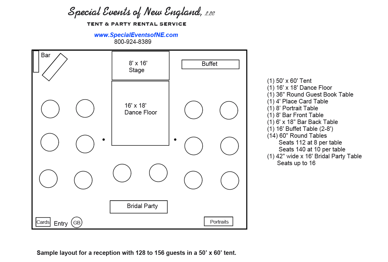 128 Guest – 30×60 Pole Tent – Round Tables